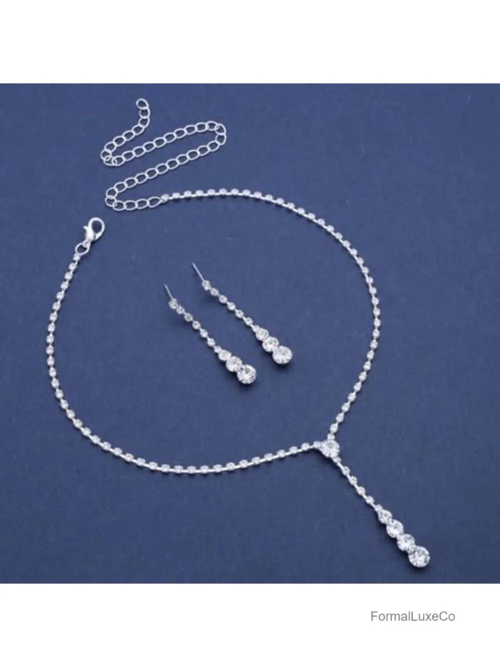Silver Wedding Necklace and Earring Set Bridal Lariat Dangle Earrings Cubic